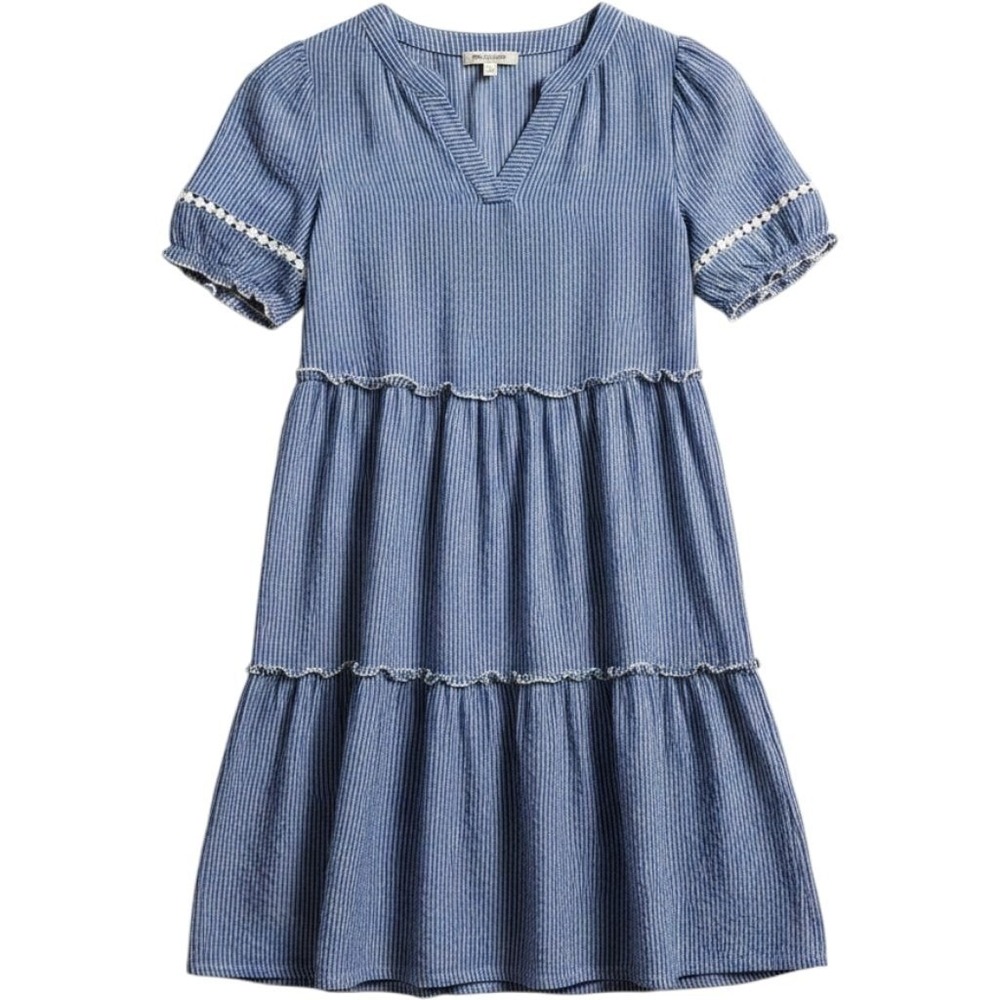 Naif Tiered Mini Dress Womens Medium Blue White Striped Crochet Lace Trim V-Neck